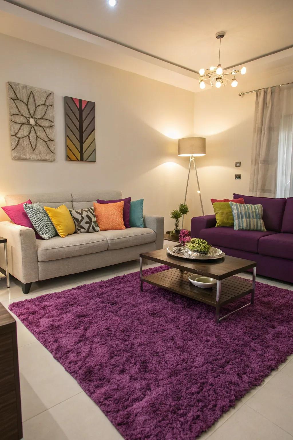 A modern living area with plum accents that improve the overall visual appeal.
