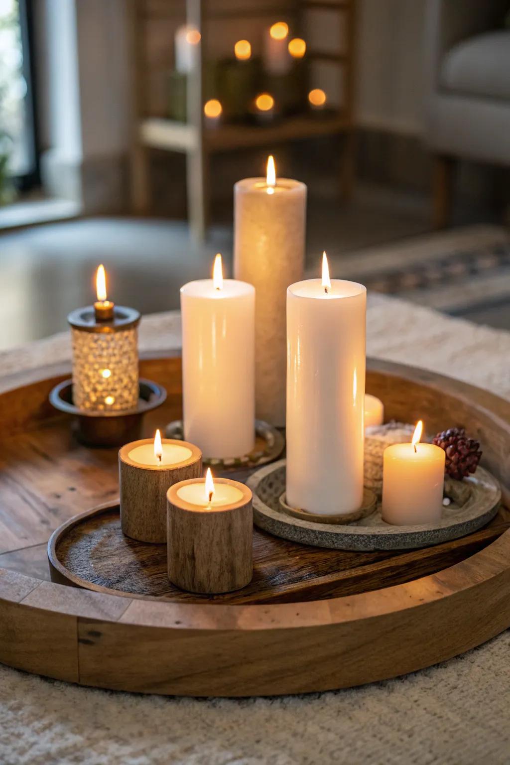 Candles thoughtfully arranged on a spinning organizer, radiating warmth and appeal.