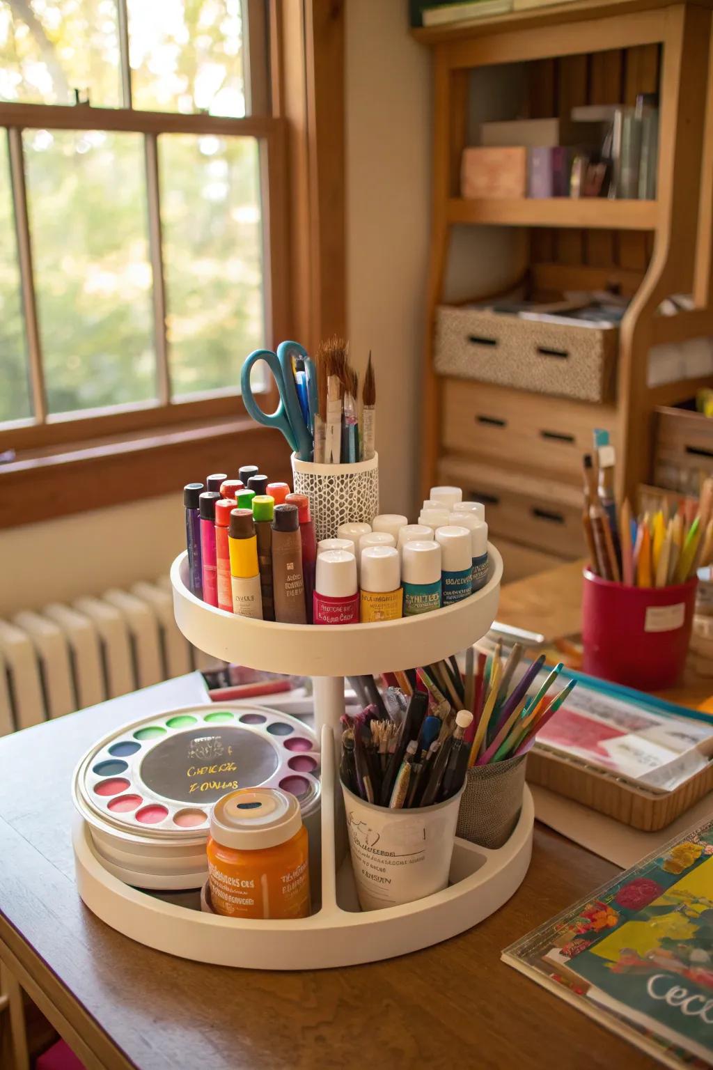 A thoughtfully arranged craft space uses a <strong>lazy Susan</strong> to keep all supplies organized and within reach.&rdquo; loading=&rdquo;lazy&rdquo; class=&rdquo;pimg&rdquo;>
	</picture><figcaption>A thoughtfully arranged craft space uses a <strong>lazy Susan</strong> to keep all supplies organized and within reach.</figcaption></figure>
<p>In a craft room, a <strong>lazy Susan</strong> is perfect for keeping paints, brushes, and adhesives always close at hand. This not only makes crafting smoother but also ensures your workspace stays well-organized.</p>
<h3>Products that could assist:</h3>
<ul class=