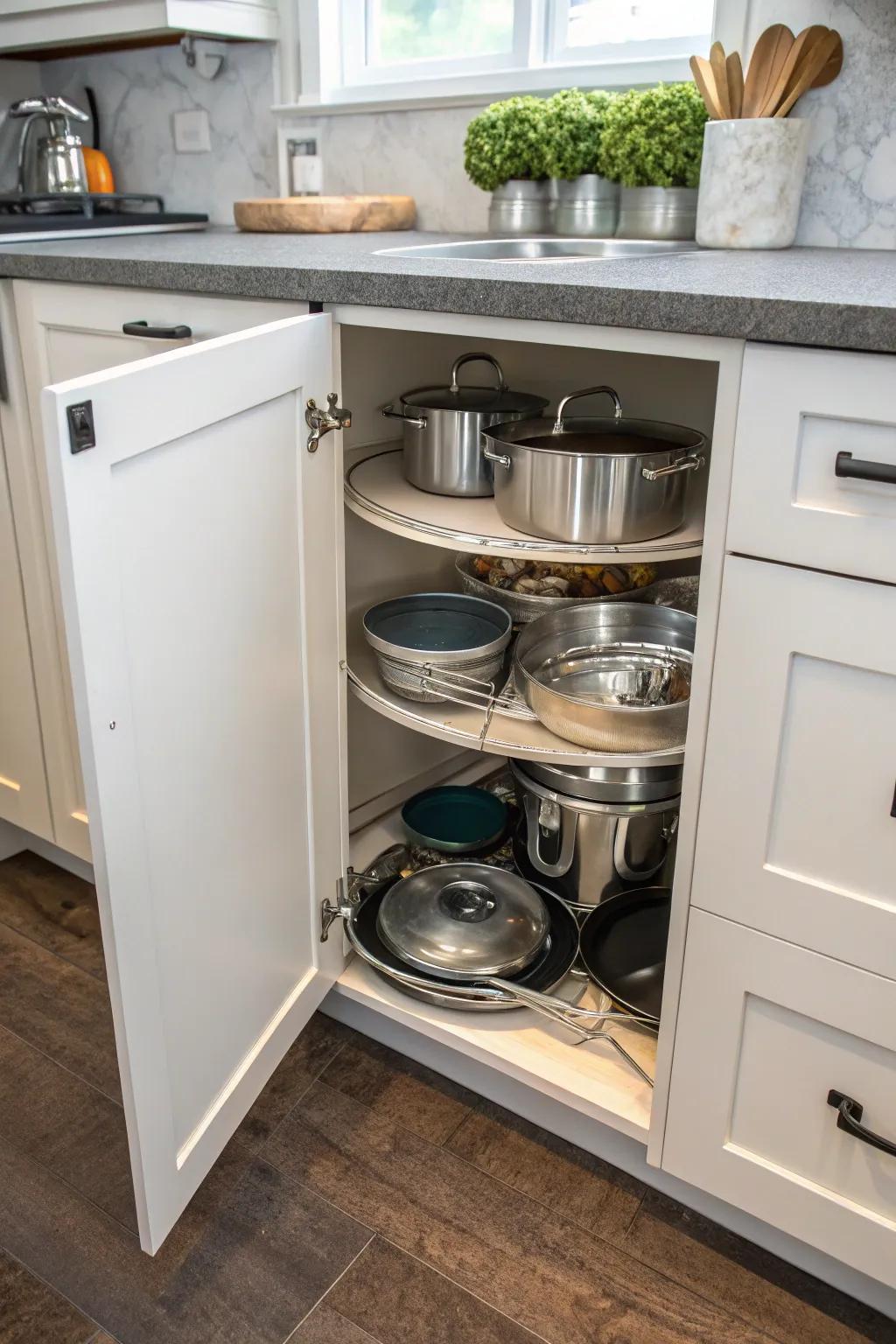 Get the most out of your corner cabinets by using a spinning organizer for your cookware.