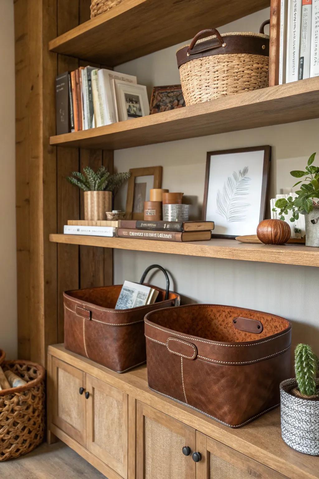 Bring organization to your space with elegant hide baskets.