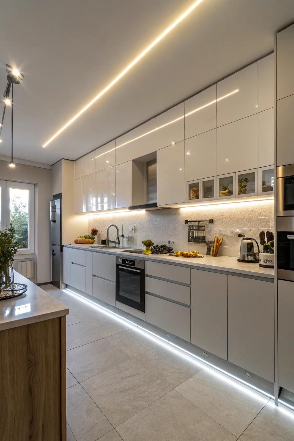 Refined cooking area beauty enhanced by useful LED strip lighting.