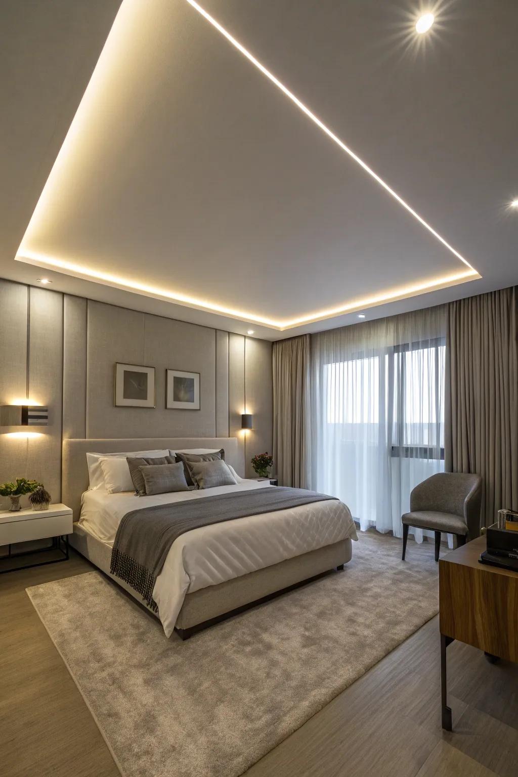 Ceiling illuminating bands produce a halo effect, contributing to a cozy ambiance.