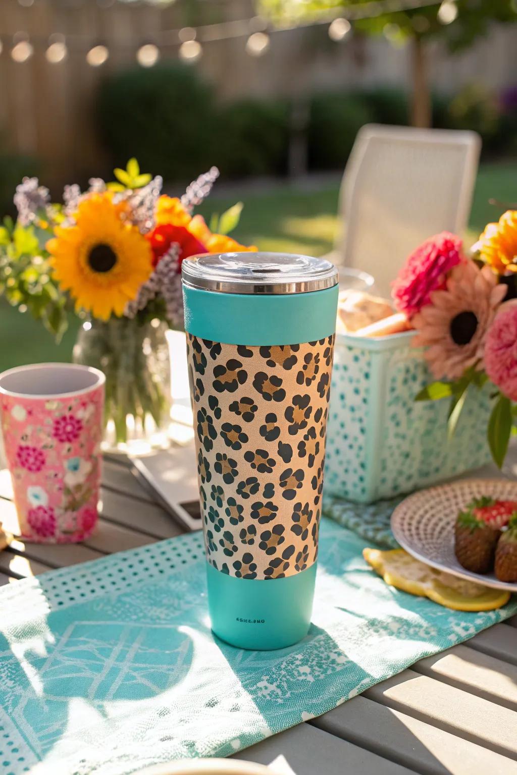 A lively teal jungle cat pattern cup perfect for sunny outings.