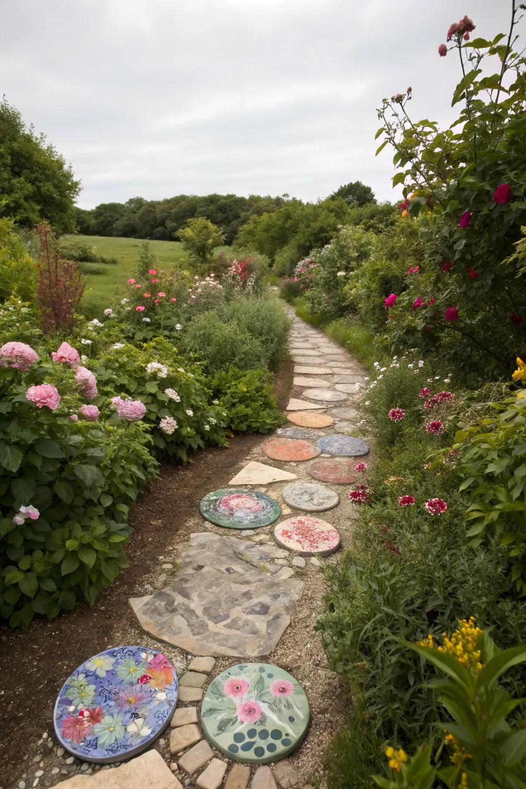 A garden pathway featuring lively stepping stones made from plate pieces.