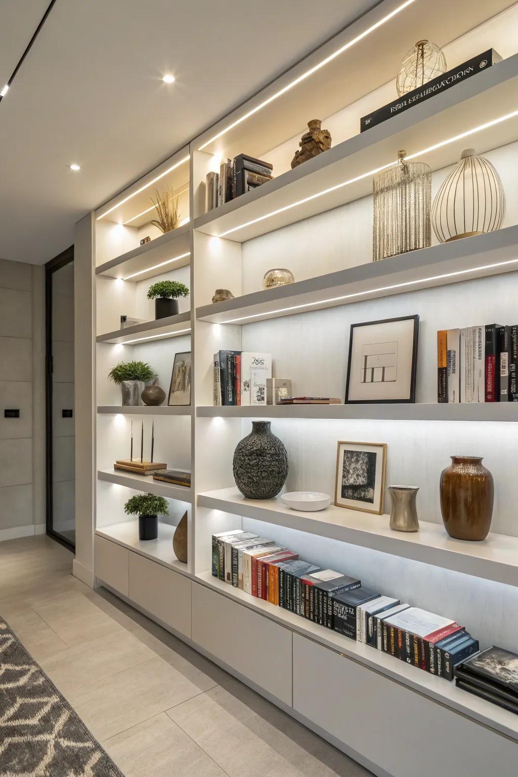 Modern open shelves where books and ornamental pieces coexist beautifully.