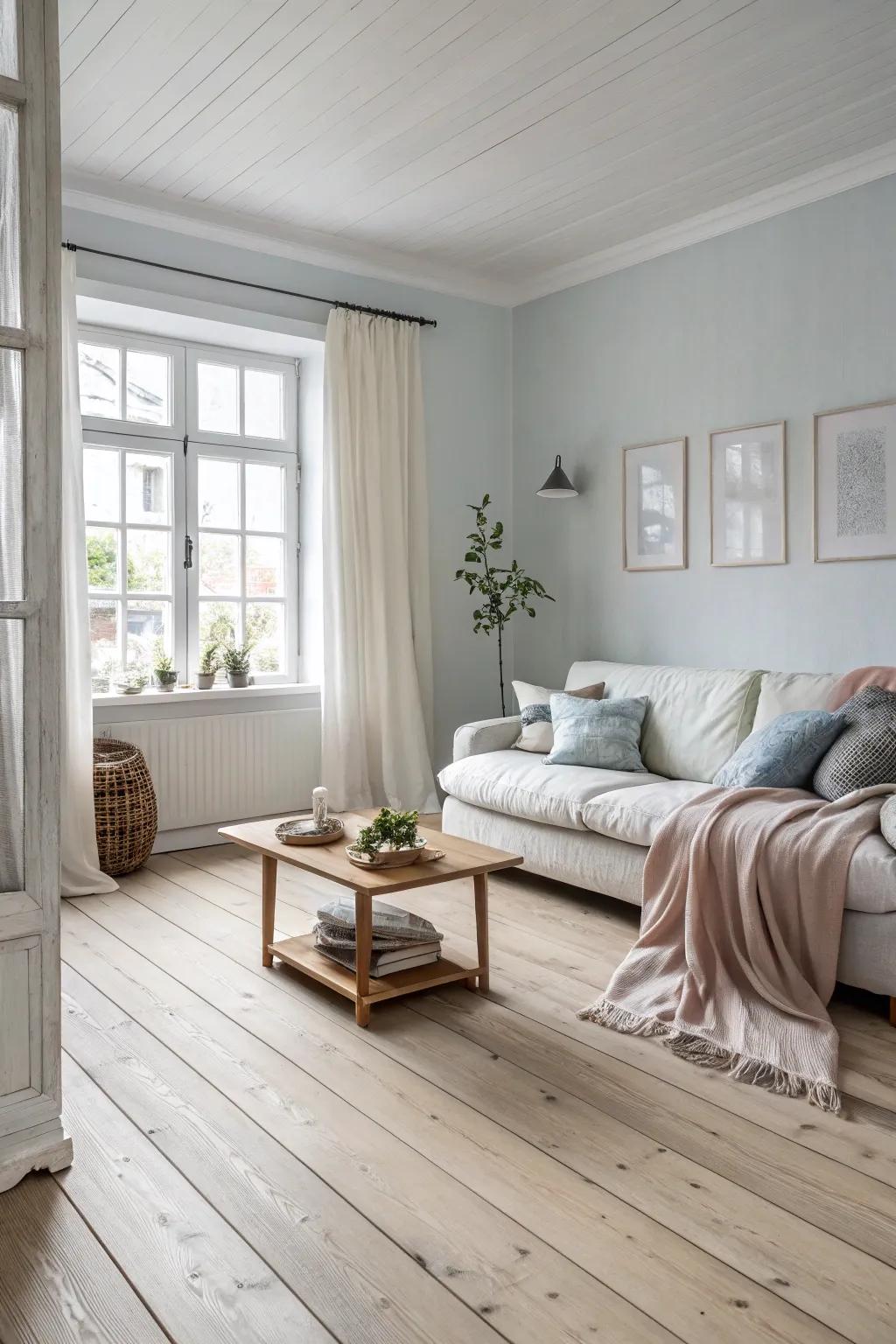 Pale gold ash flooring enhances the Scandinavian simplicity of this inviting room.