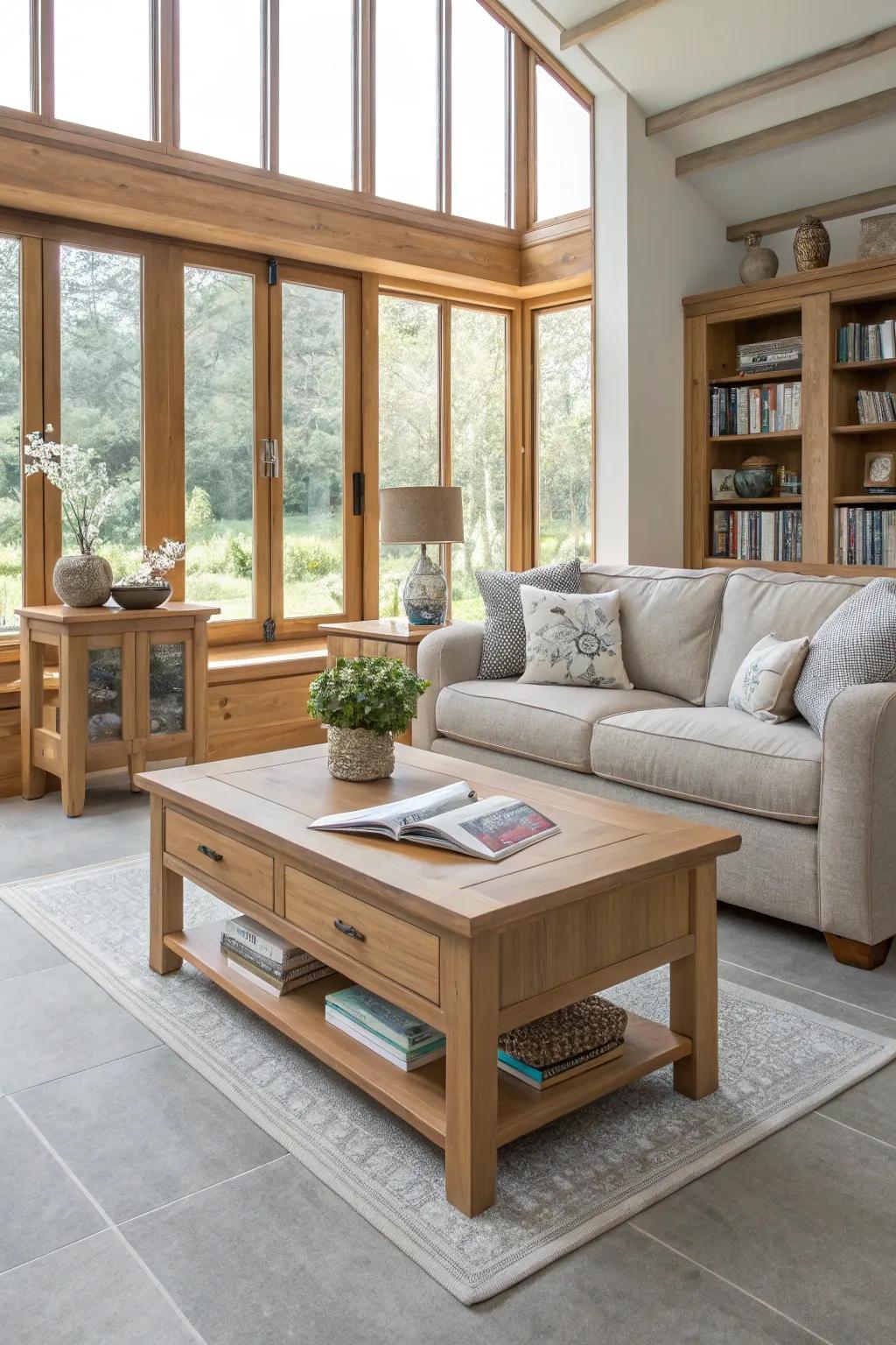 A cozy living room showcasing natural wood elements and light grey flooring.