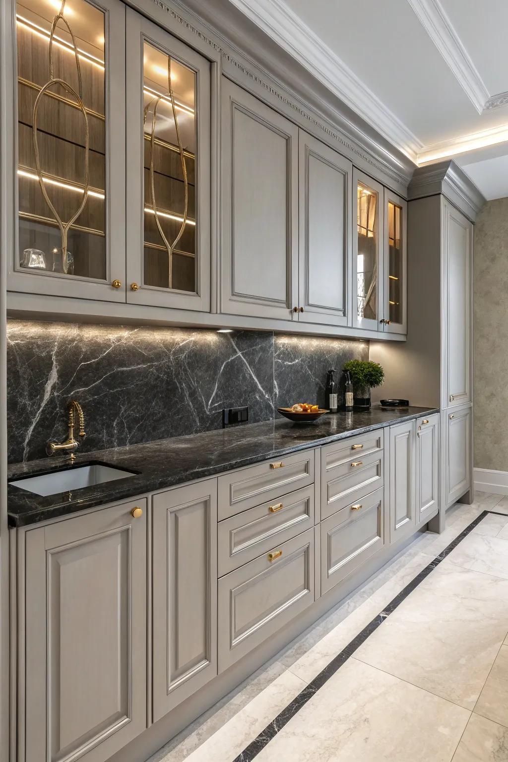 Deep-toned countertops fashion a striking contrast alongside light grey cabinets.