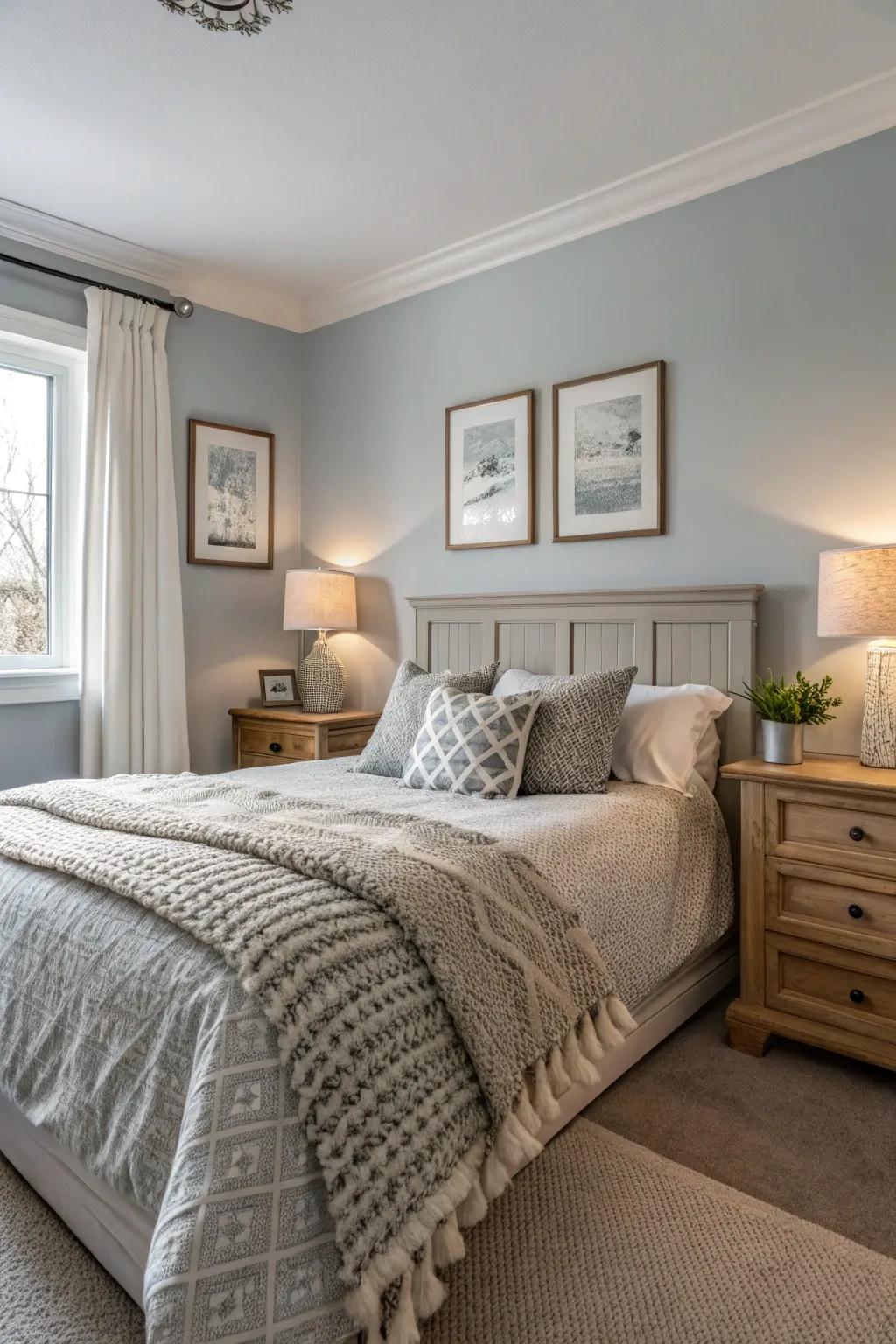 Textured bedding enhances the depth of a light grey bedroom.