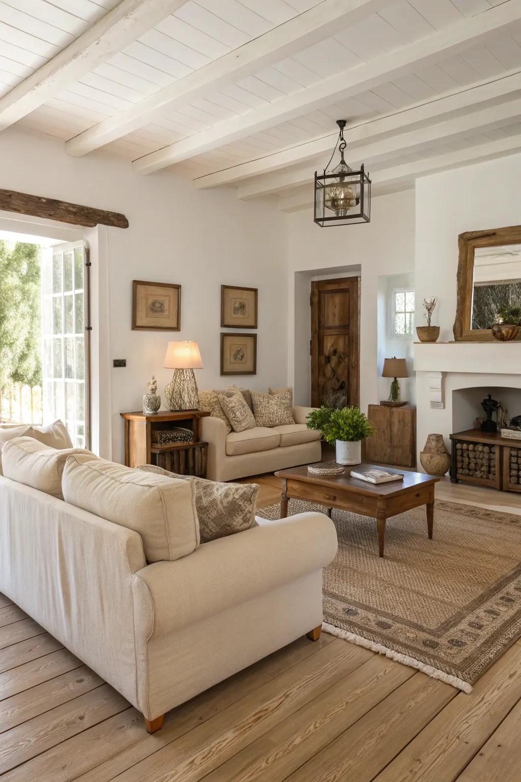 A living area styled around a subdued theme, showcasing light wooden floors to inspire a mood of serenity and peace.