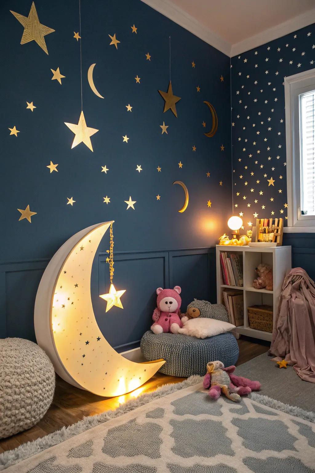 An enchanting evening ambiance with star-speckled walls.