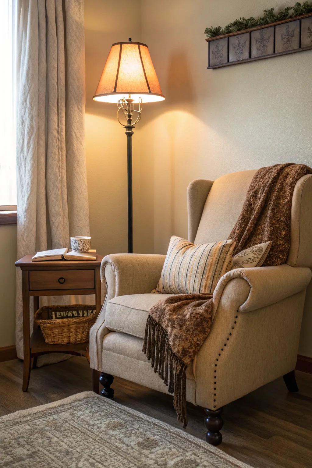 Build a tranquil reading corner featuring a comfortable chair and soft lighting.