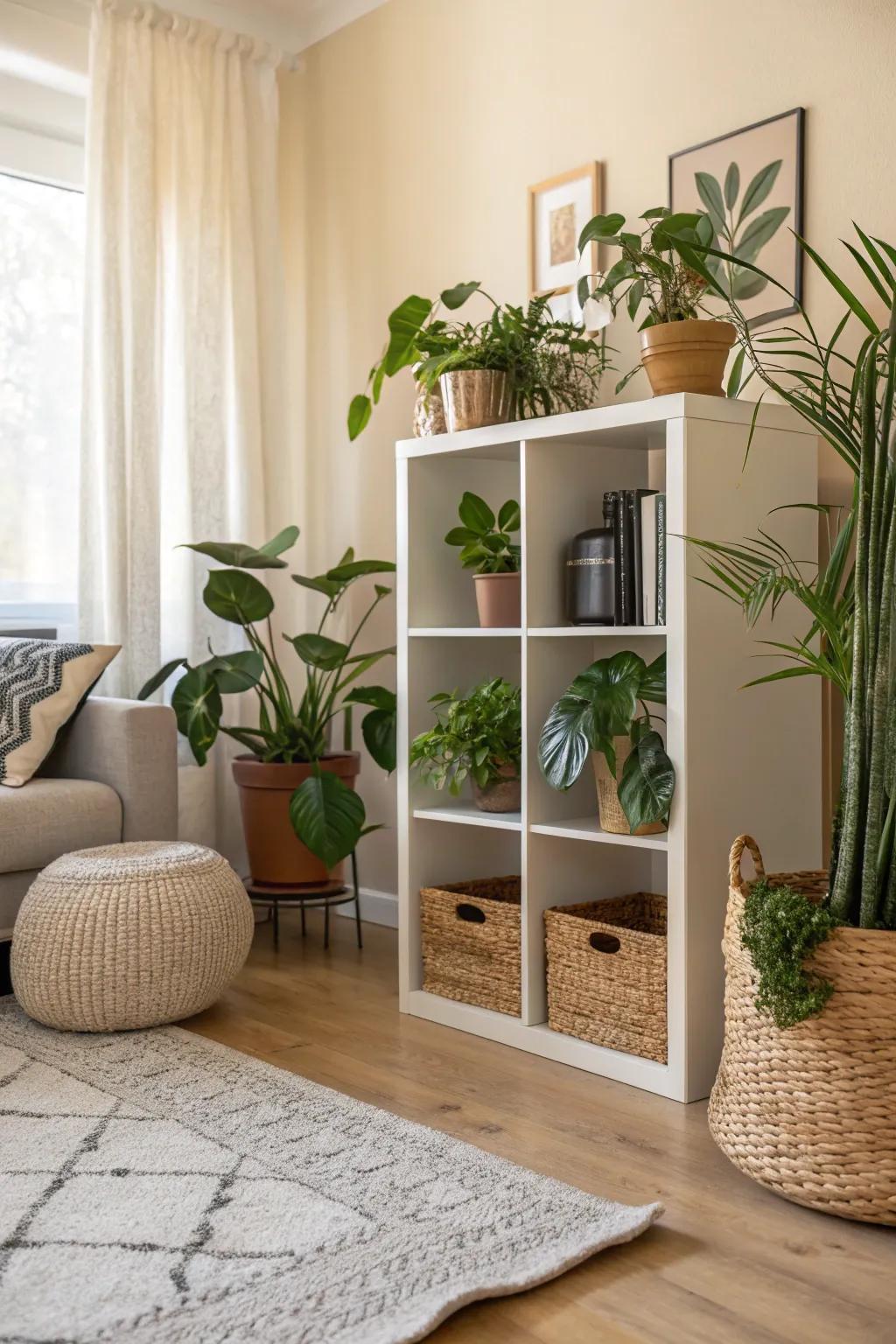 An indoor garden oasis crafted with cube storage, integrating the tranquility of nature indoors.