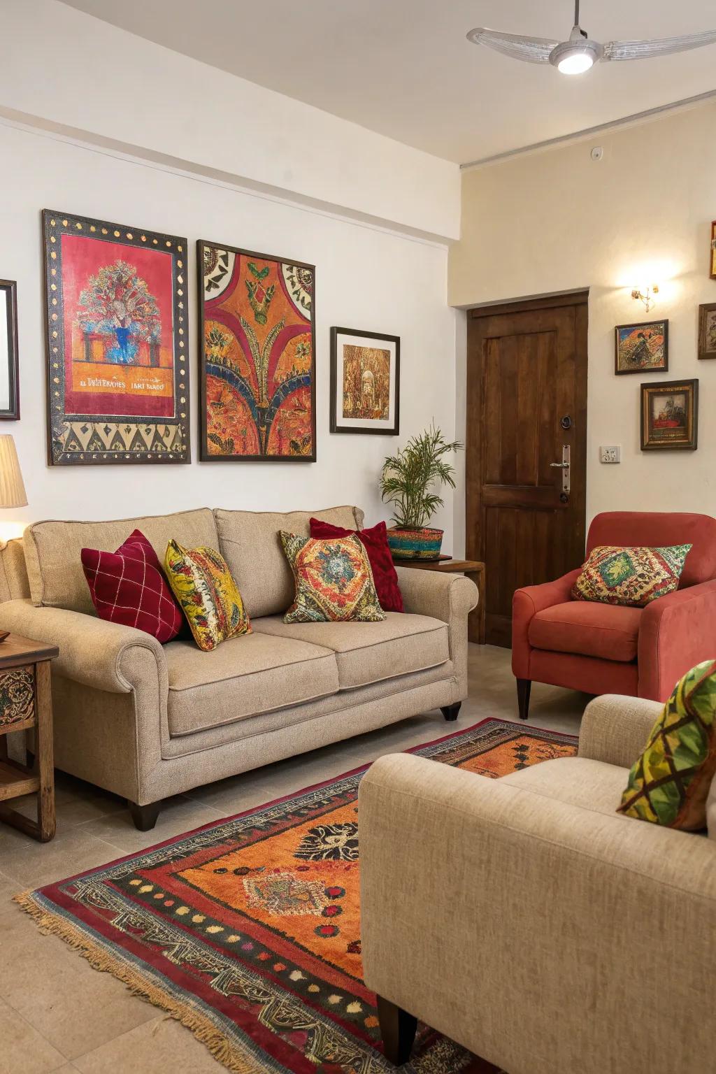 Bright accents breathe life into a neutral living room.