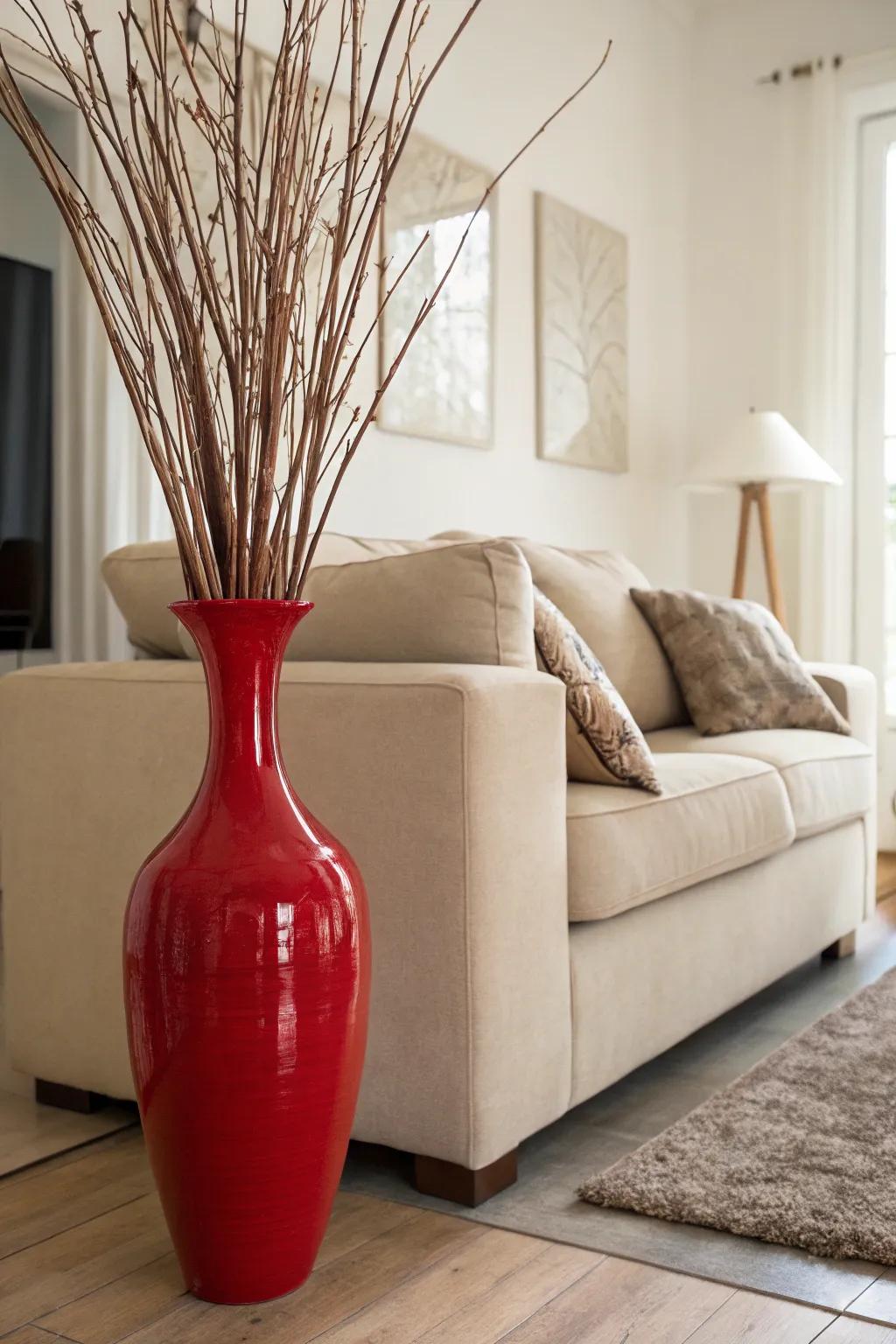 A striking contrast is created by a vibrant red floor vase in a living room with neutral tones.