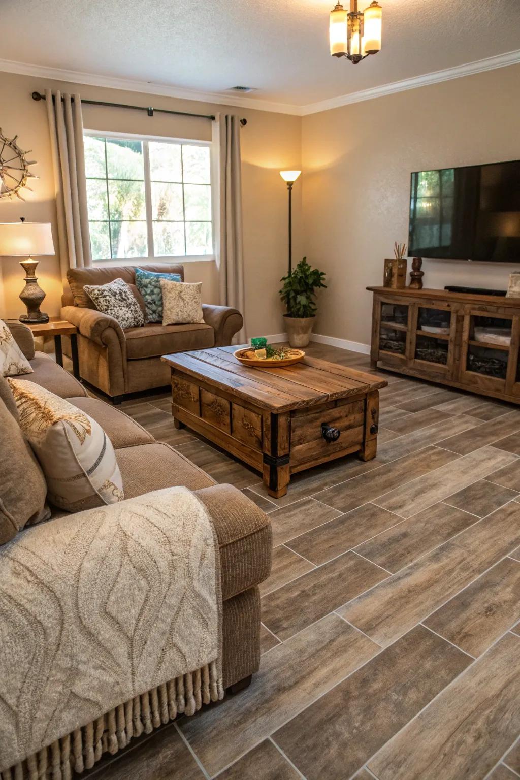 Comfortable and inviting living room featuring timber-style porcelain tiling.