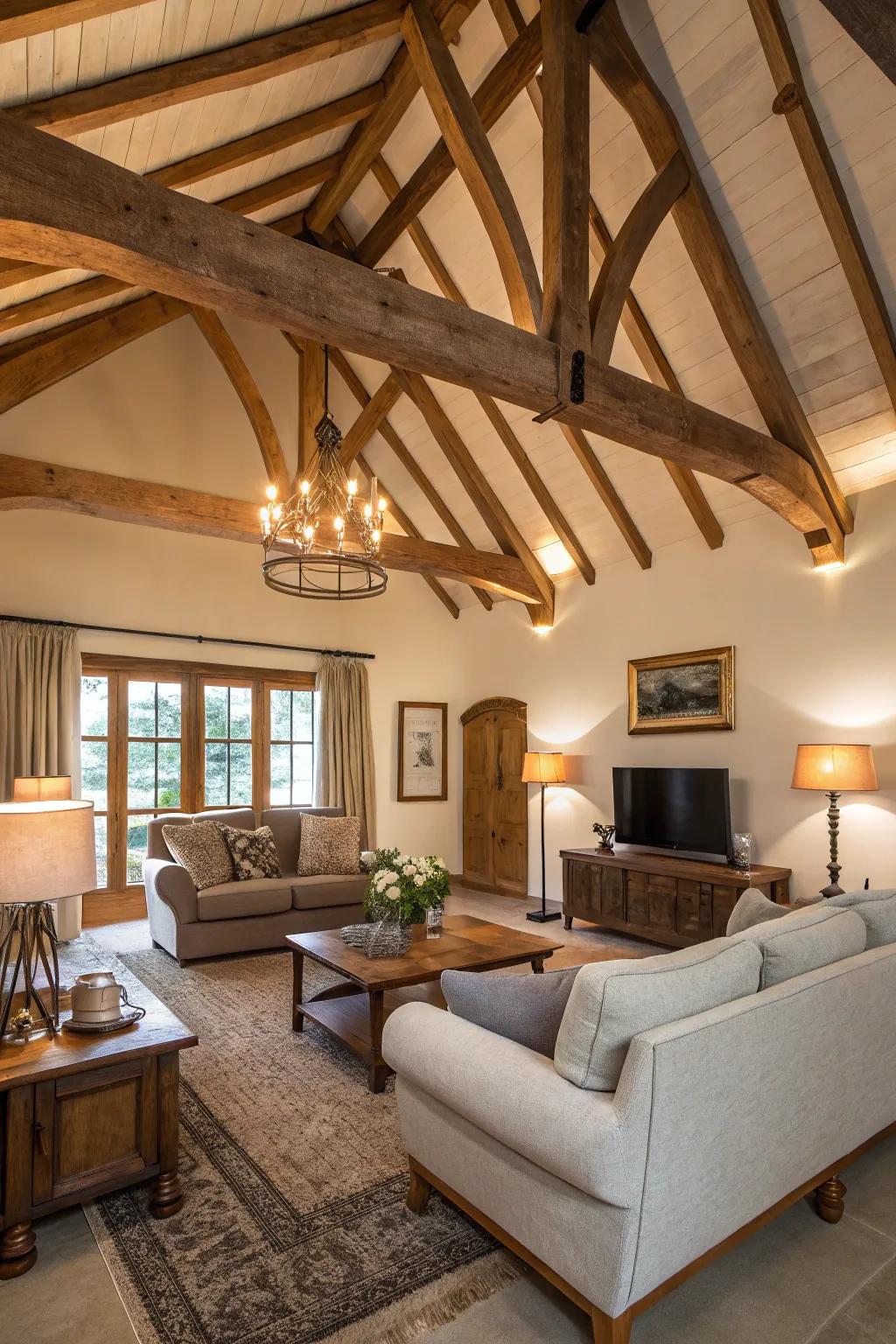Exposed wooden features bring warmth and detail to this high ceiling.