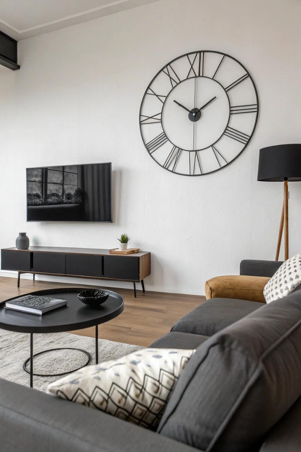 A minimalist wall clock contributes understated elegance to a modern living room.