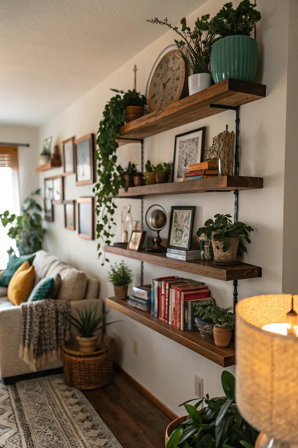 Floating shelves beautifully styled with books and plants.