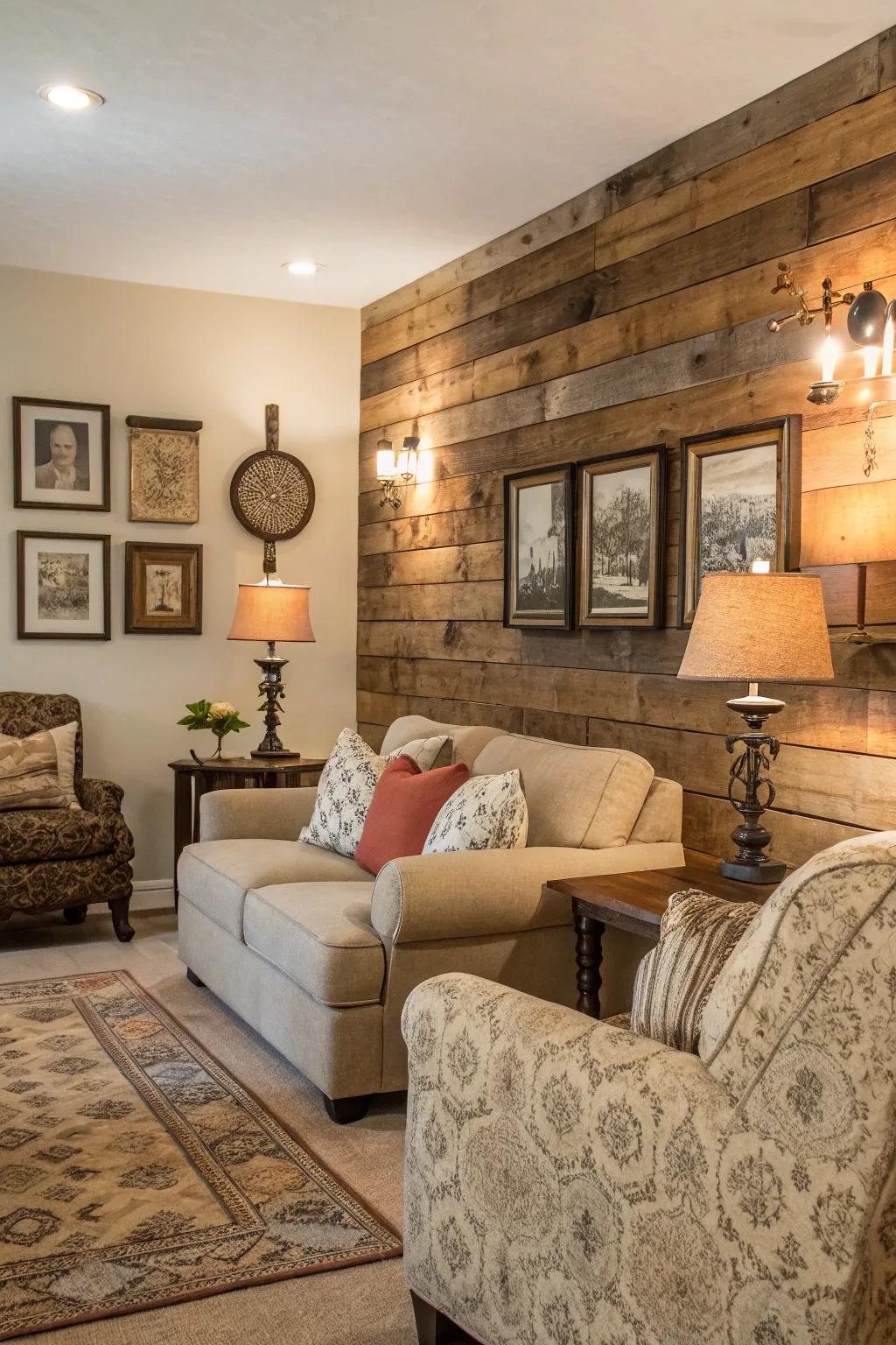 Weathered wood panels add history and coziness to your space.