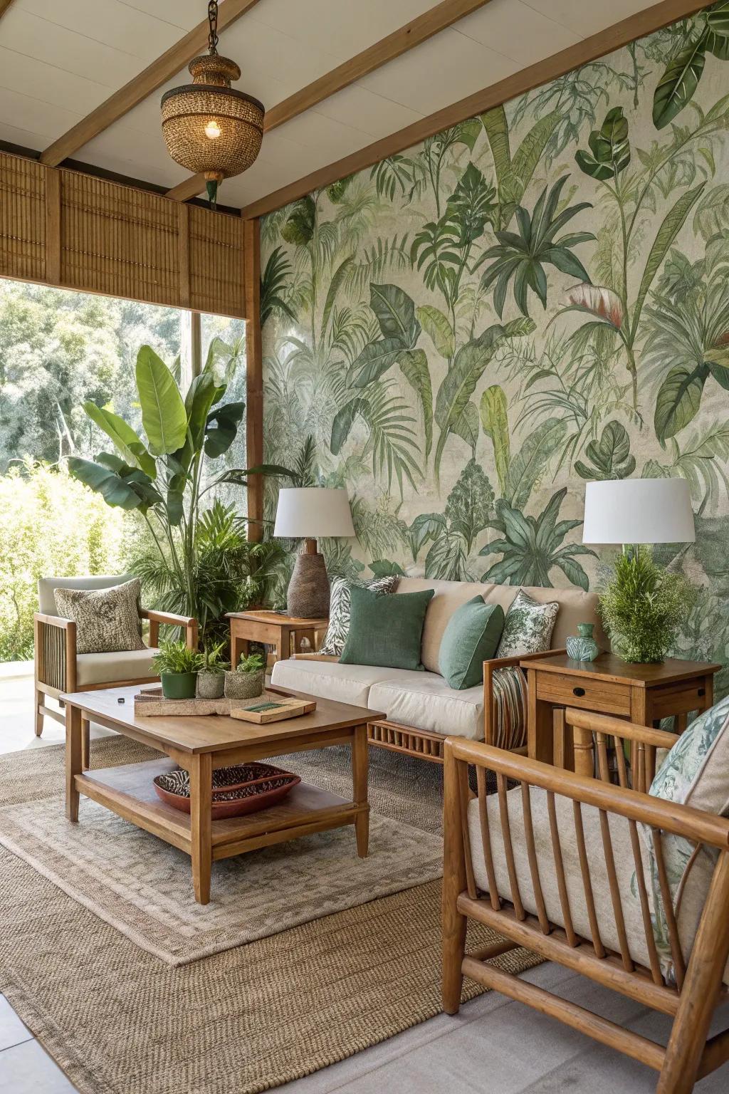 Botanical graphics craft a peaceful and lively setting.