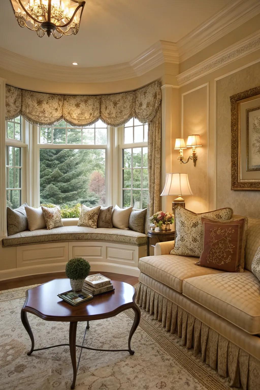 A cozy nook fashioned by a projecting window in an elegant living room.