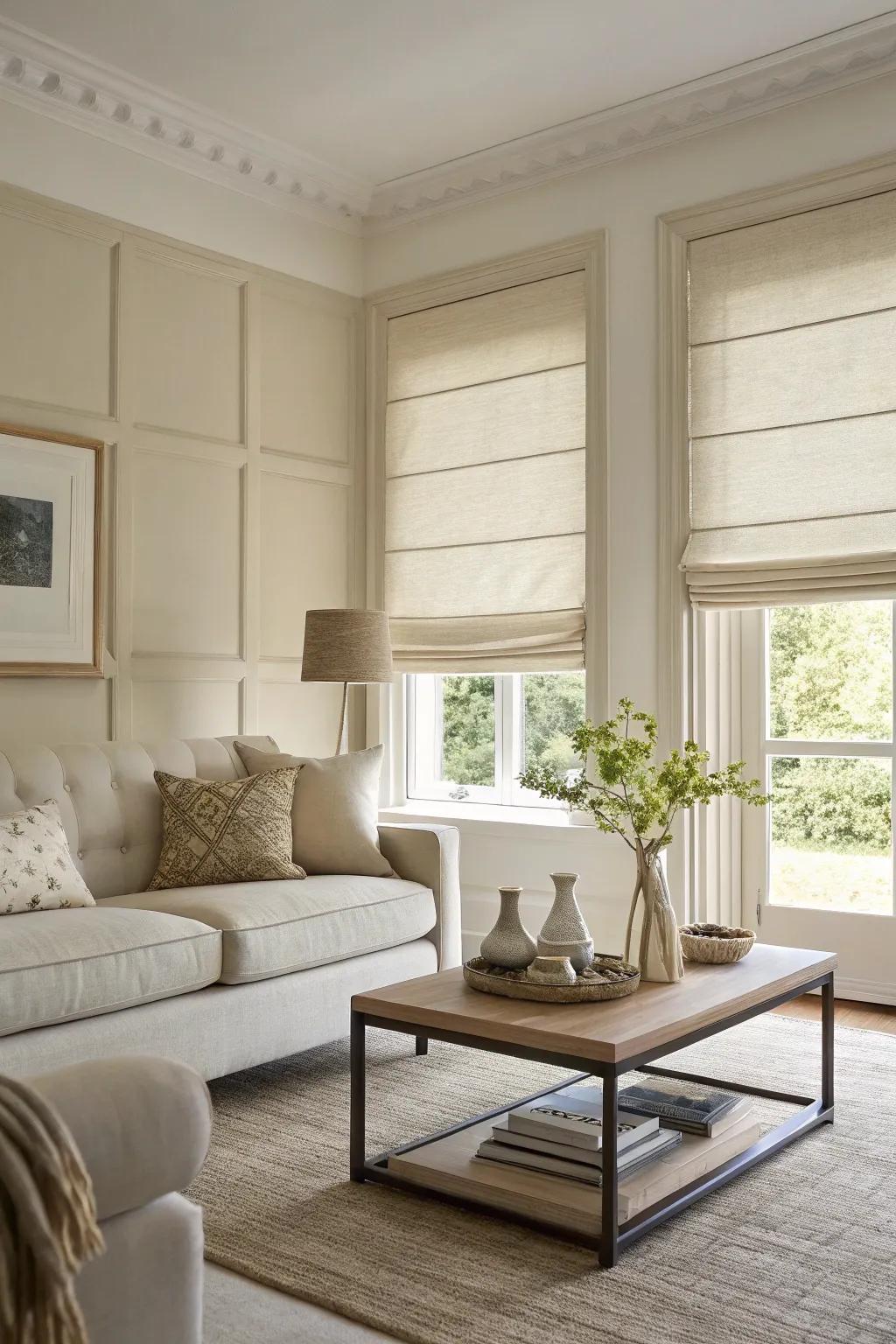 Pull-up window coverings provide a refined touch to any room.