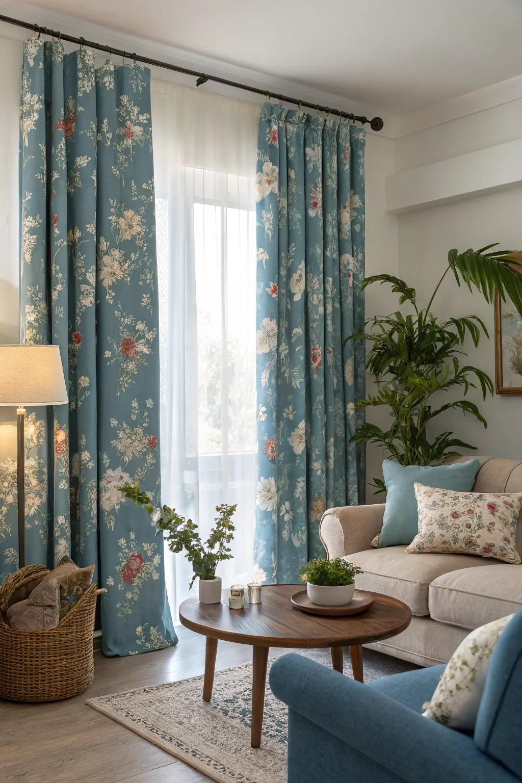 Blue curtains with floral patterns introduce a delightful and fanciful element to this living space.