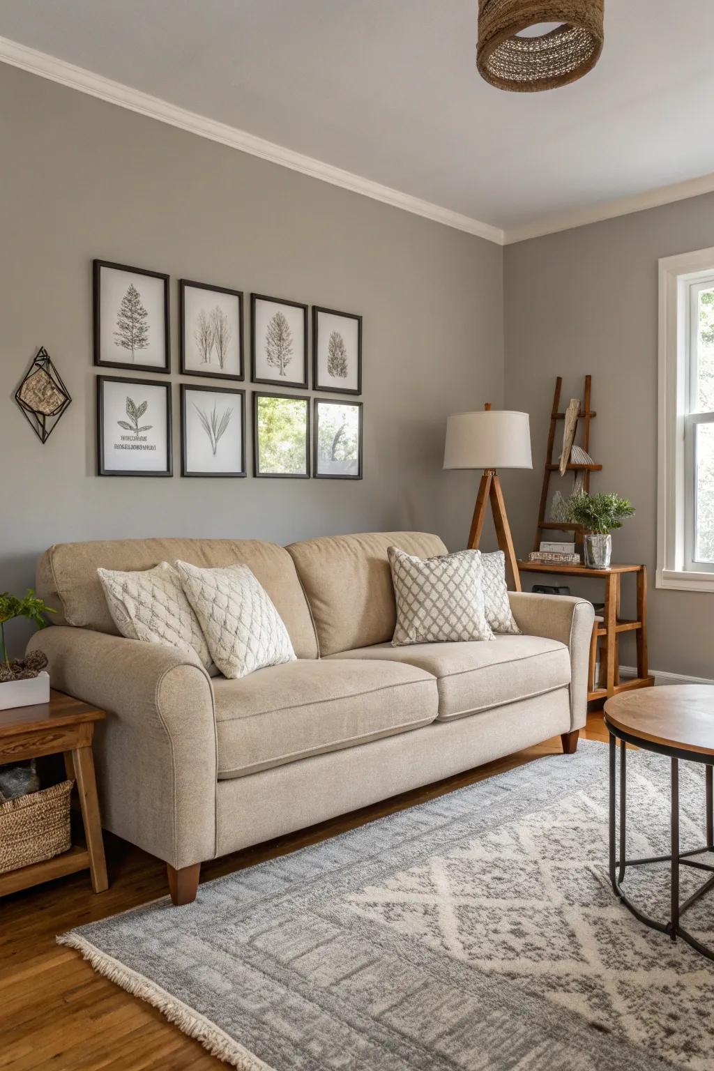 A couch in neutral tones creates a versatile base for any living room design.