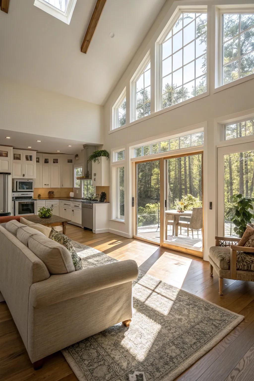A radiant and airy living area combined with a kitchen, abundant in sunlight.