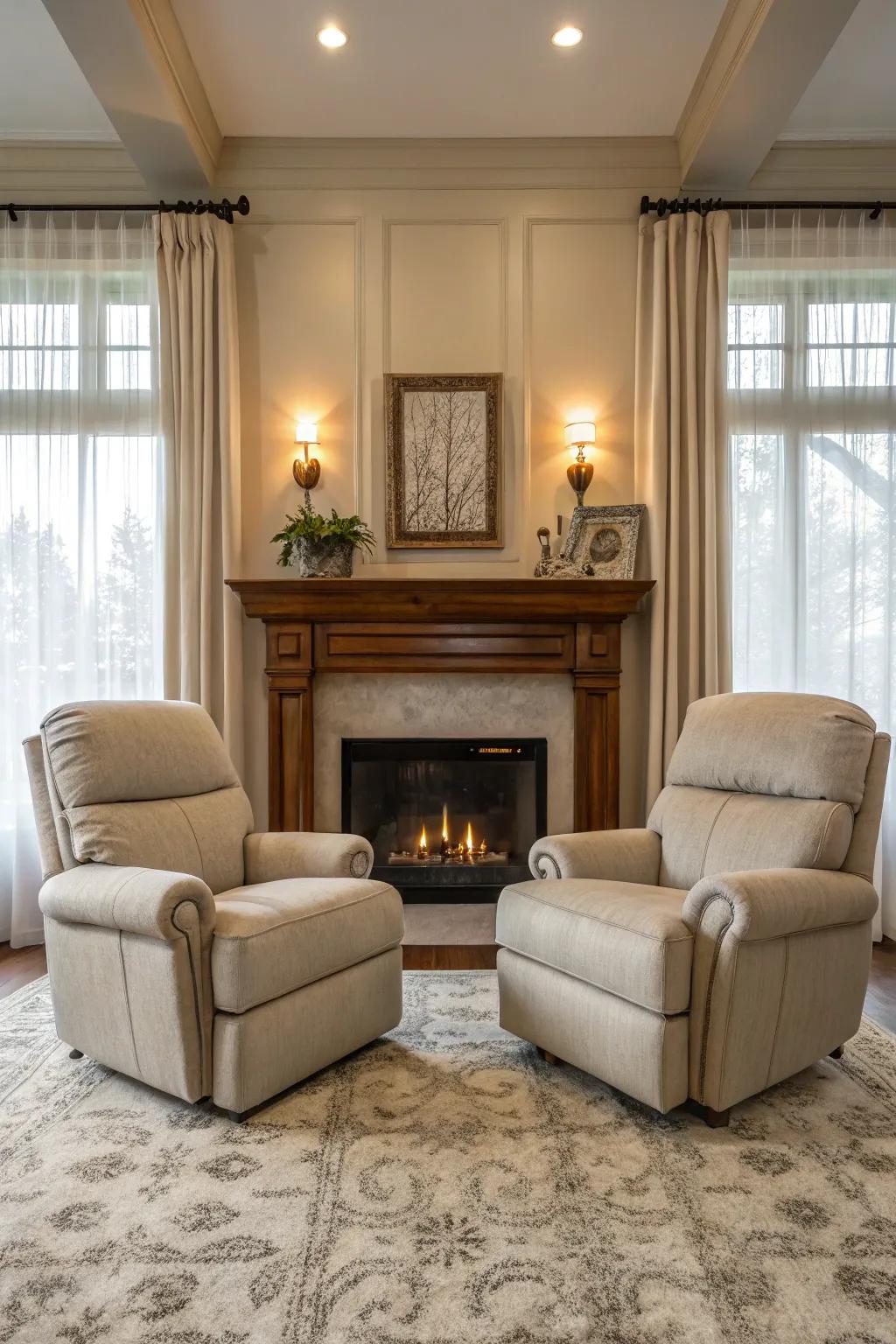 A balanced living room design featuring matching recliners flanking the fireplace.