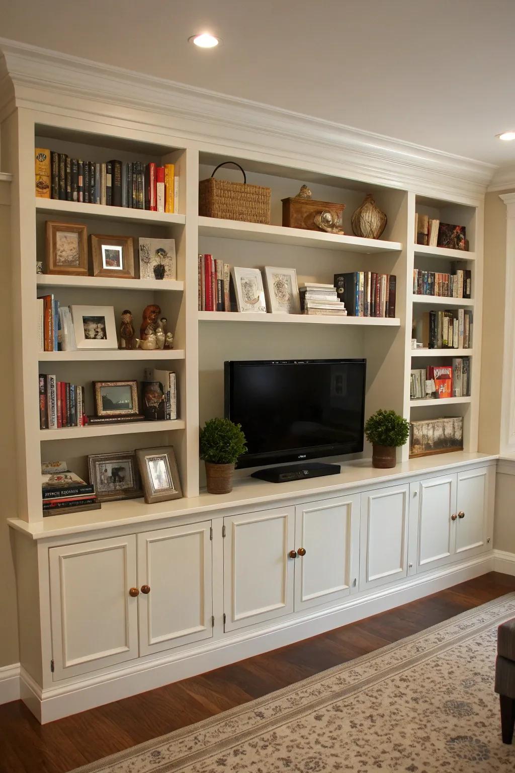 Integrated shelving around the TV creates a unified and useful central point.