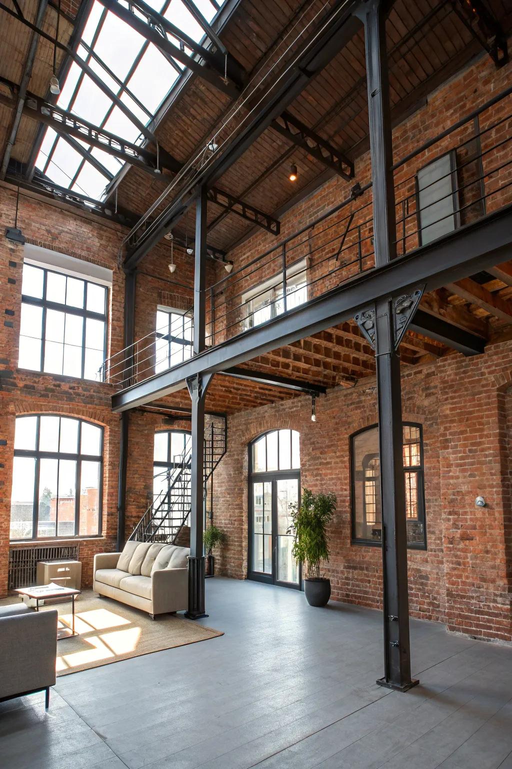 Factory-inspired allure with exposed masonry and metallic beams.