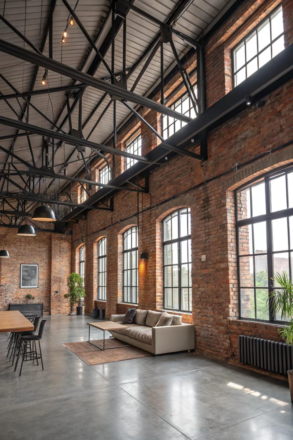 Industrial appeal featuring uncovered brickwork and steel beams.