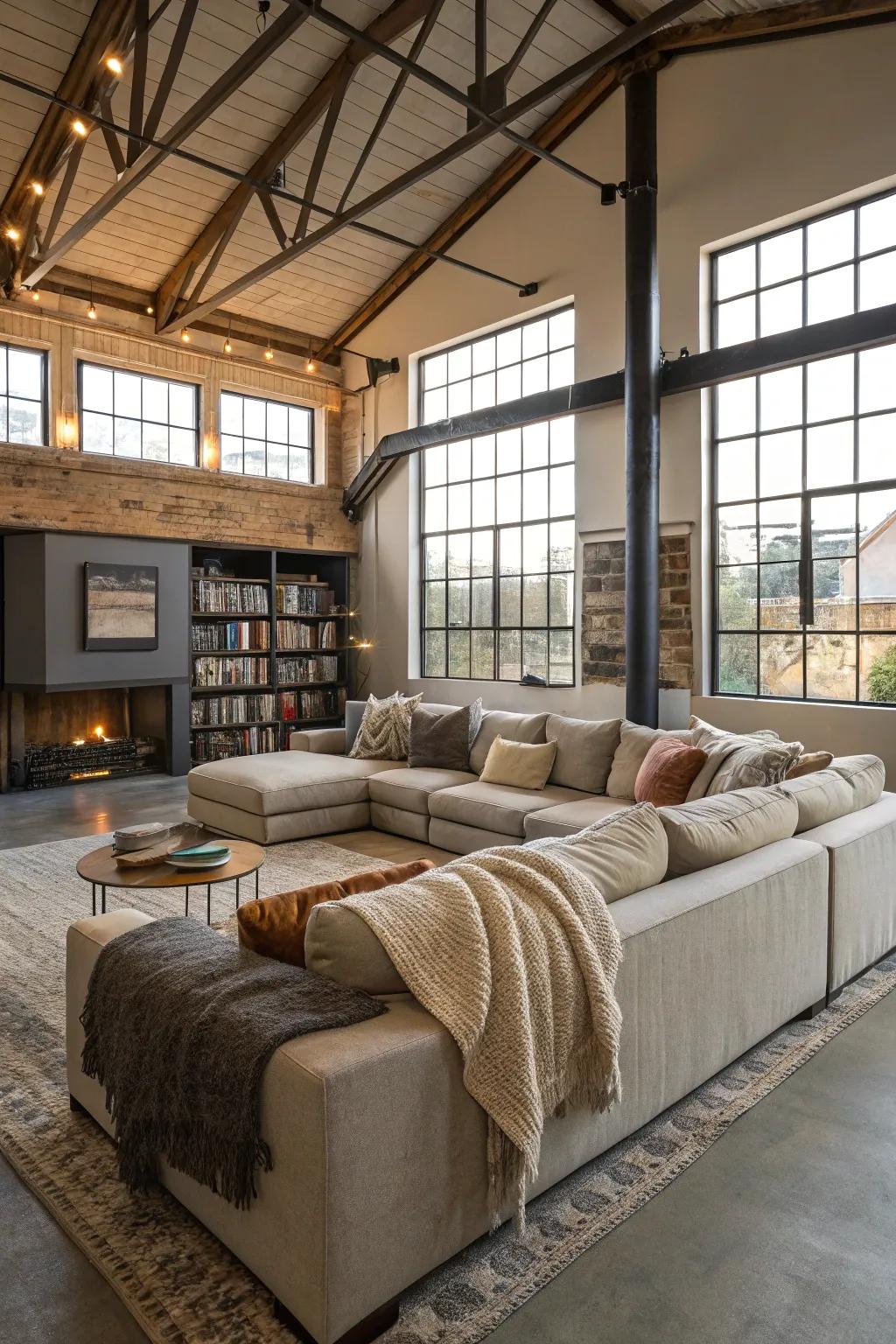 A sectional sofa gives both comfort and style in a loft media room.