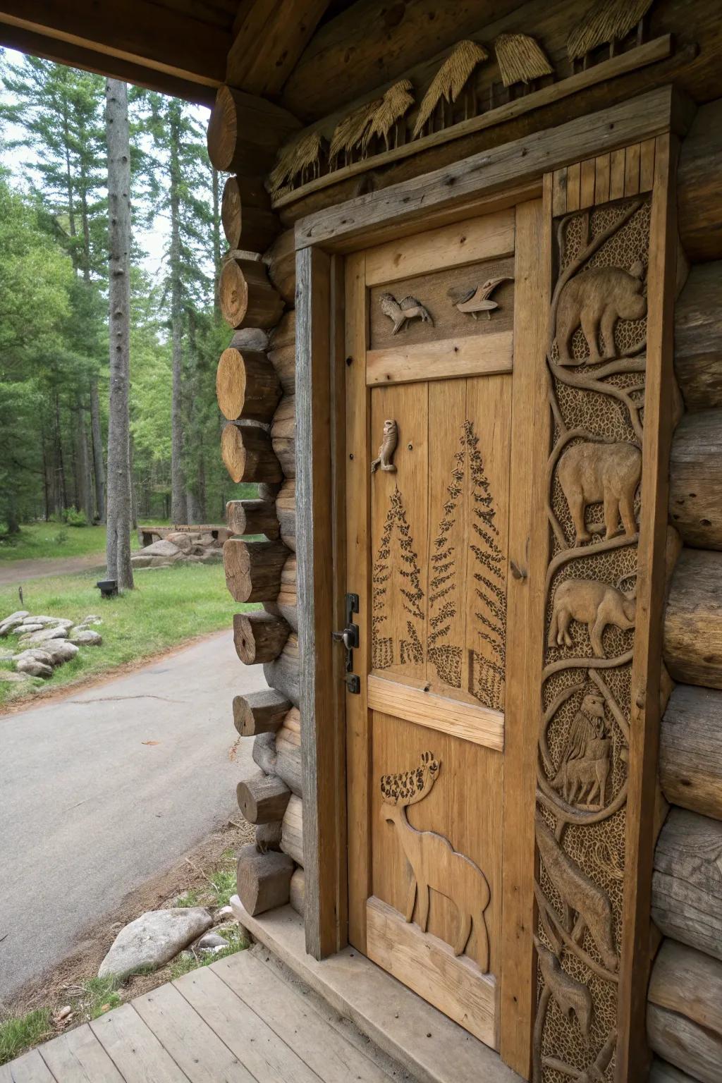 A log cabin doorway showcasing meticulous etchings of fauna.