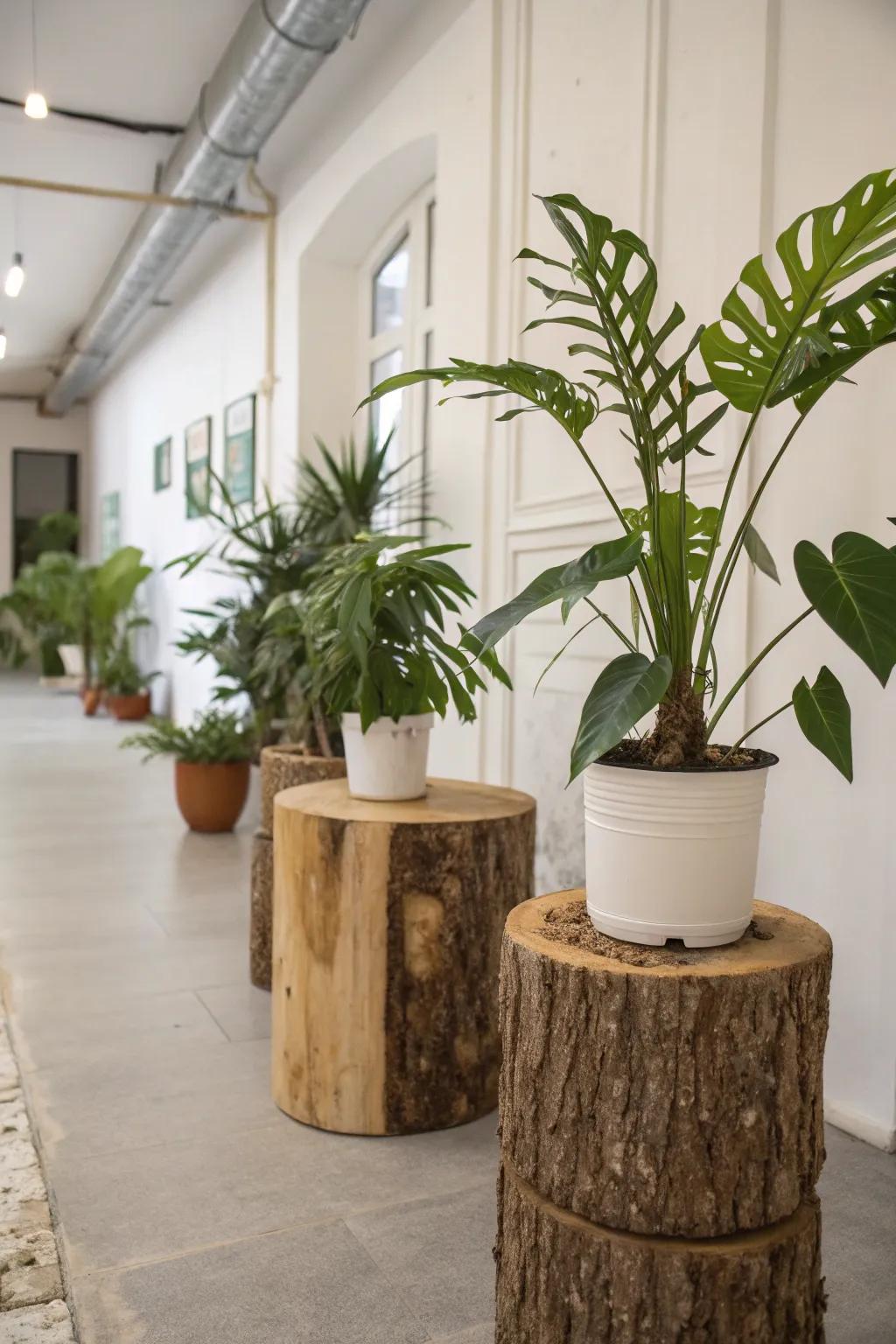 Logs fashioned into stylish plant stands in an interior setting.