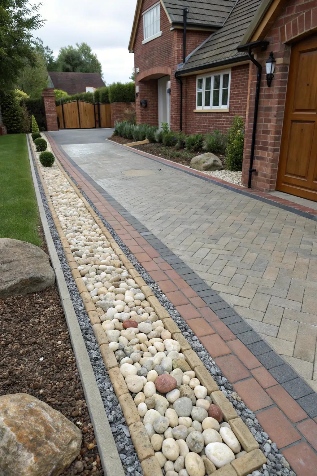 Stone edging offers a sophisticated touch to this tasteful driveway.