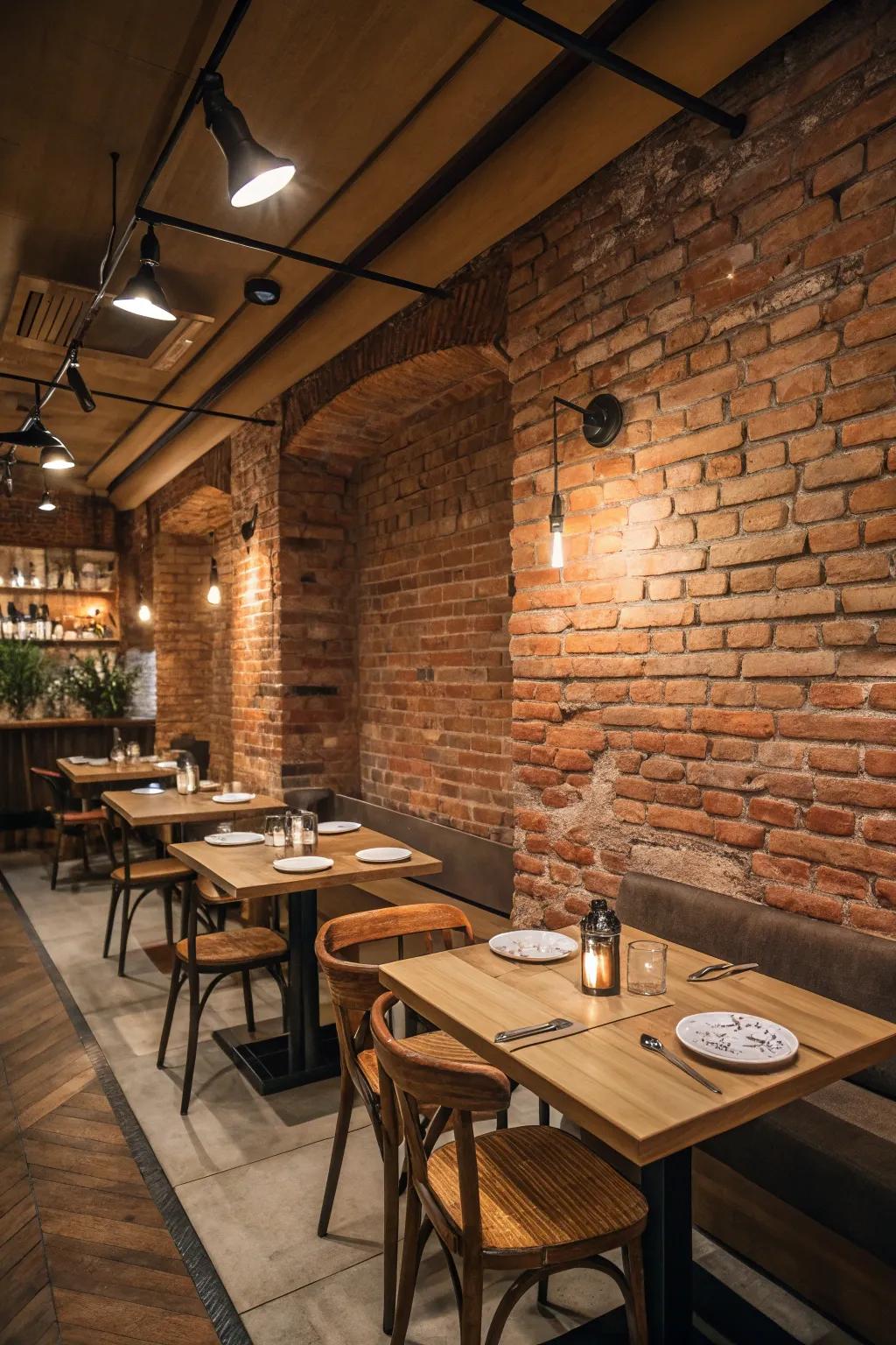 Natural elements like wood and brick infuse rustic charm.