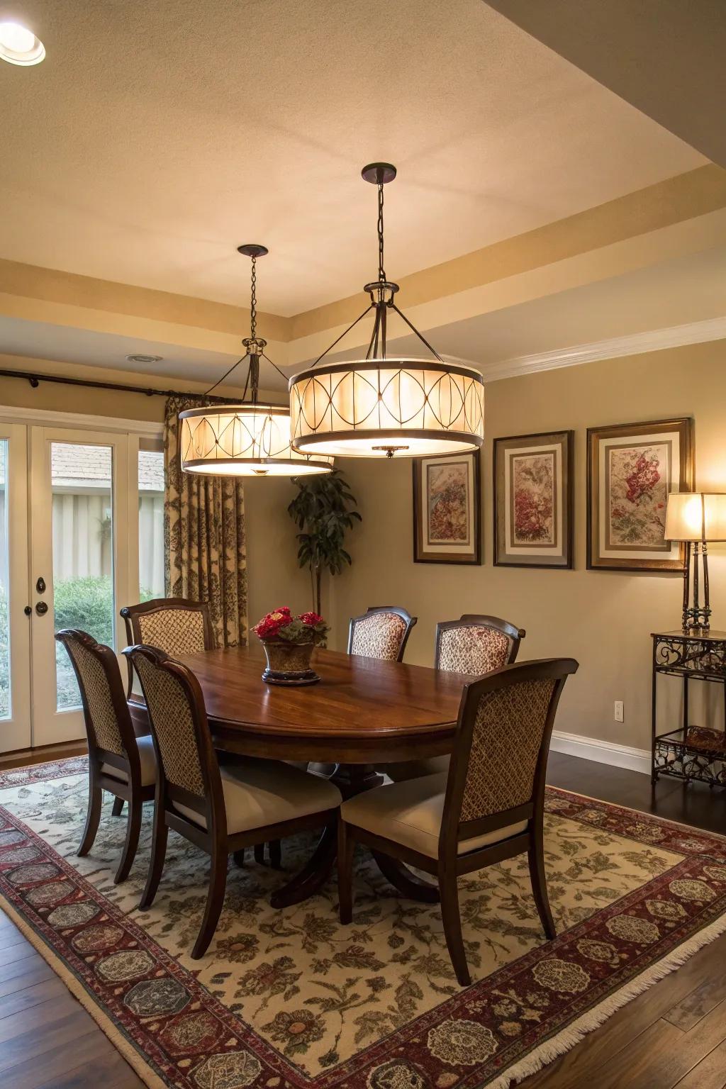 Semi-flush mount lighting featured in a welcoming dining arrangement.
