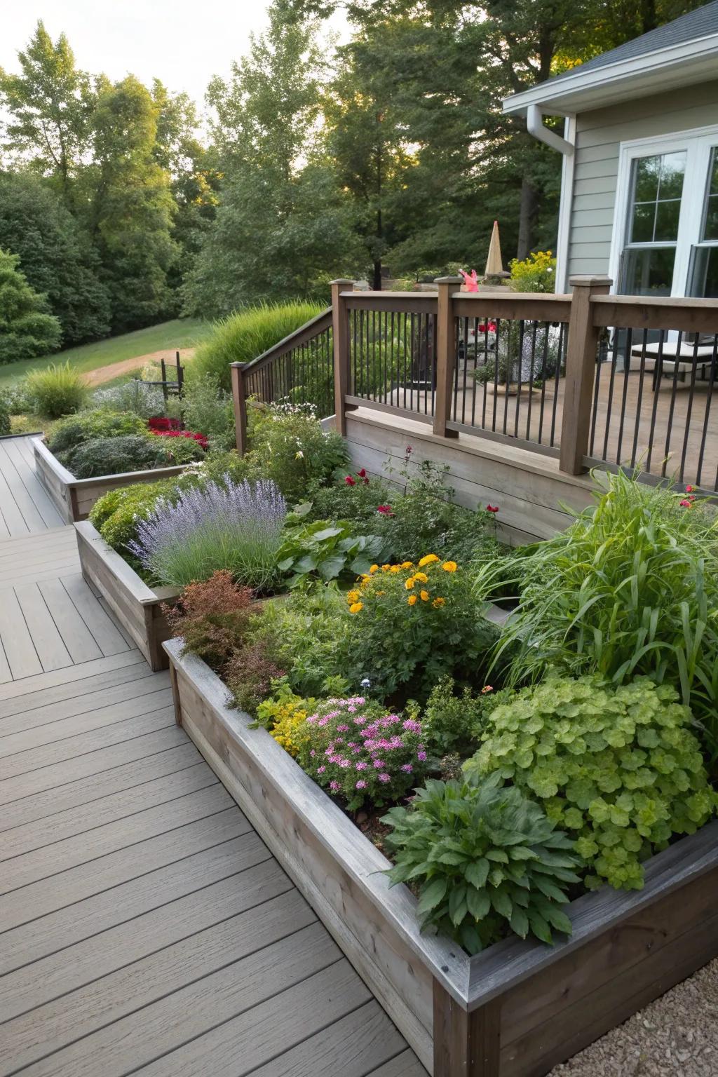 Unpretentious planting beds showcasing perennials and bushes encircling an elevated deck.