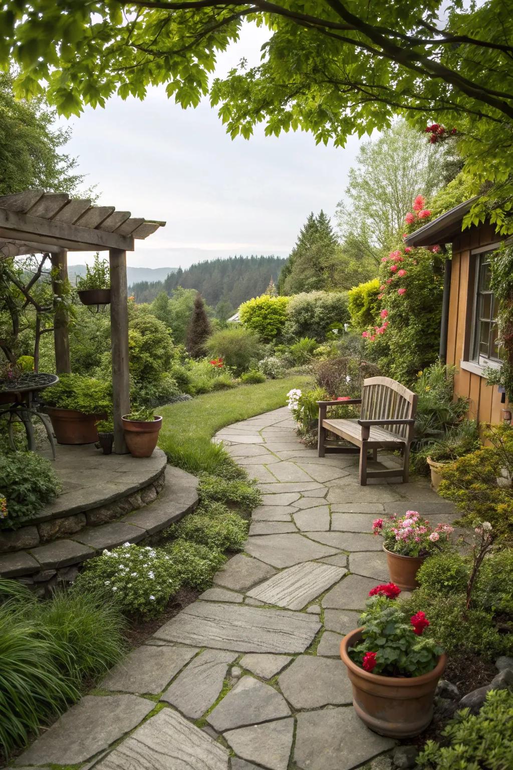 A simple stone path and patio enhance this Portland garden with low upkeep.