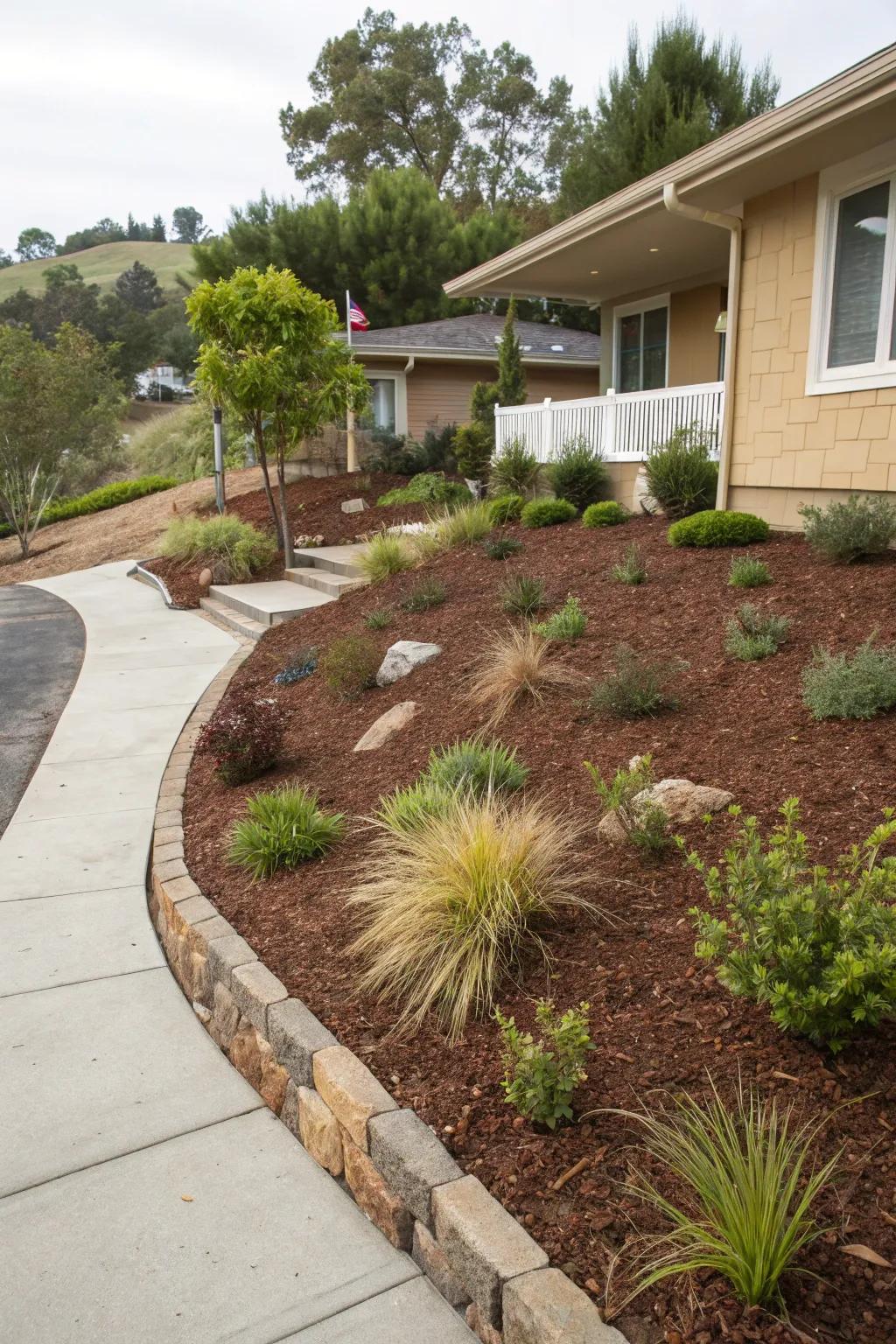 Protective ground cover bases offer an organized, minimal-effort solution for sloping gardens.