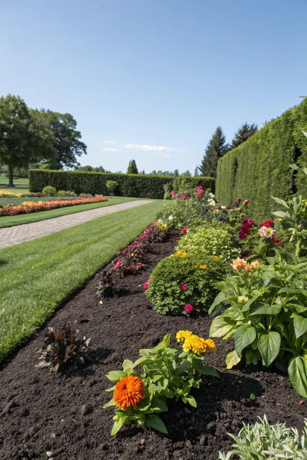 Mulched beds maintain a tidy garden while decreasing water needs.