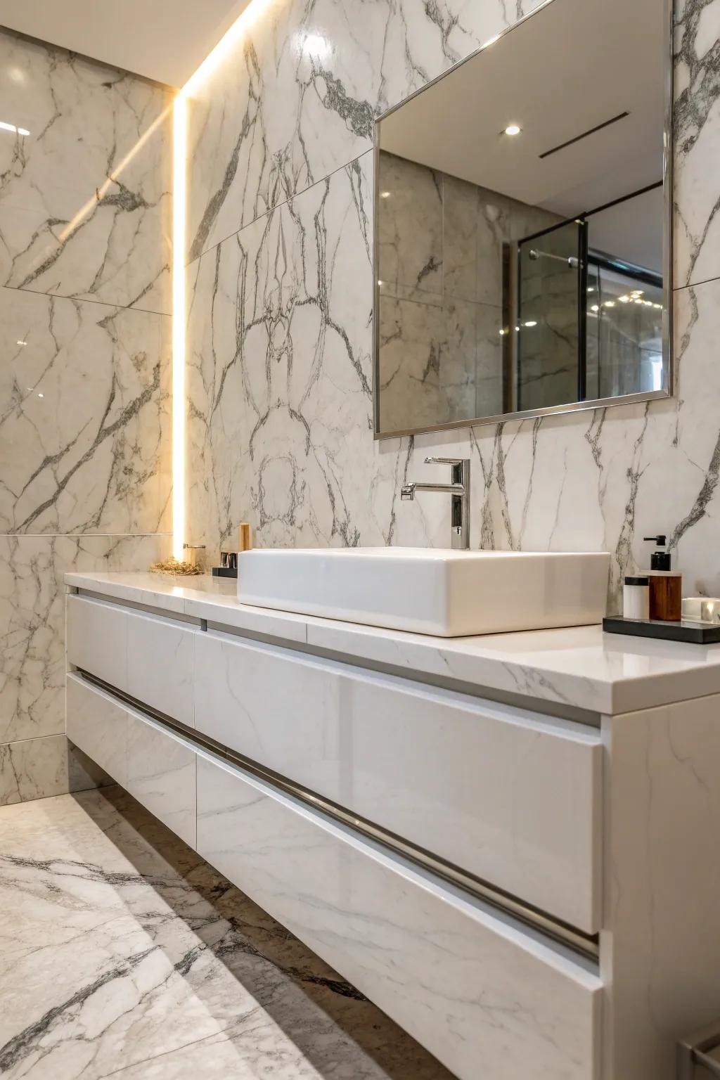 Marble and upscale tiles construct an ageless and elegant visual.