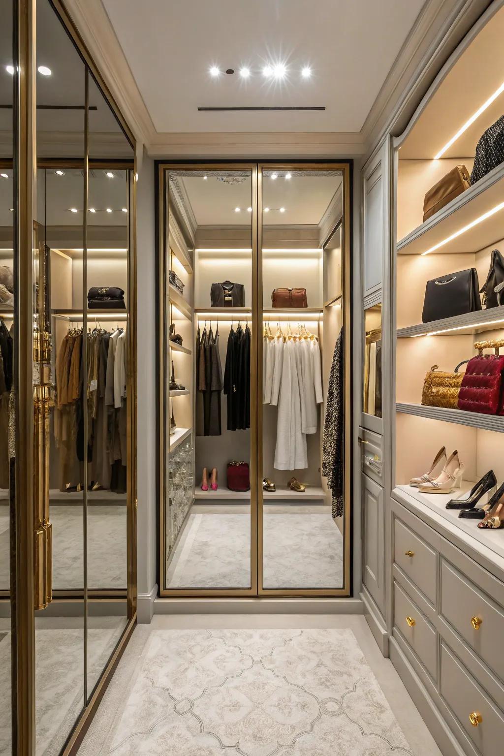 Mirrored doors showcasing an elegant display of apparel.