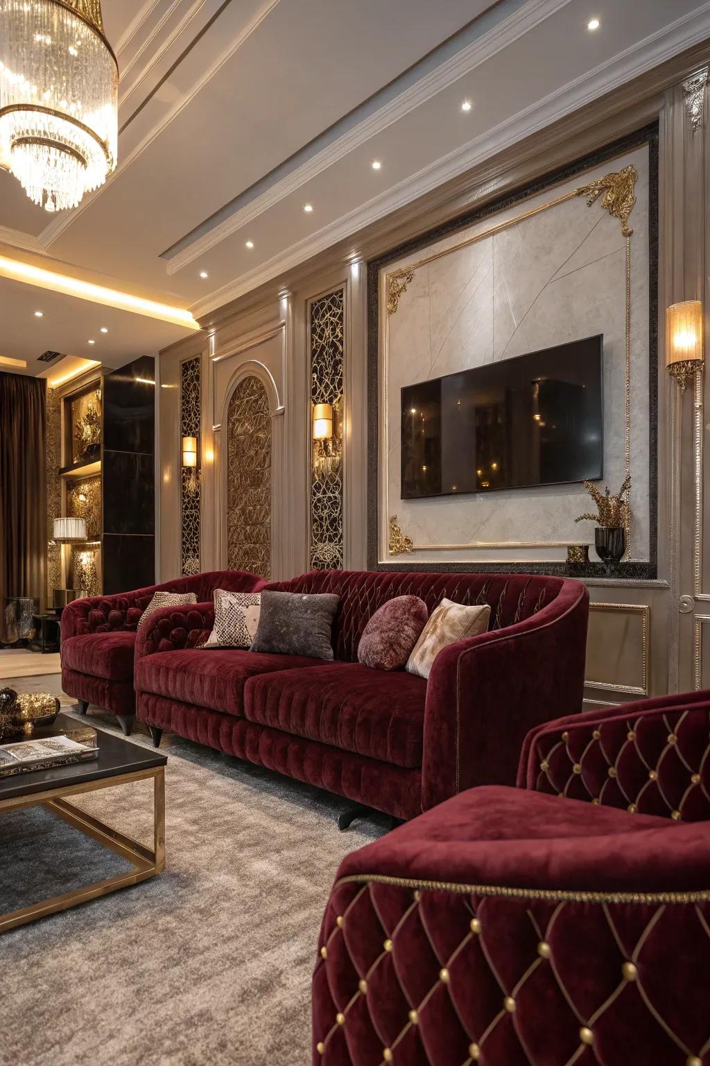 Deluxe velvet seating enriches the comfort and style of this living space.