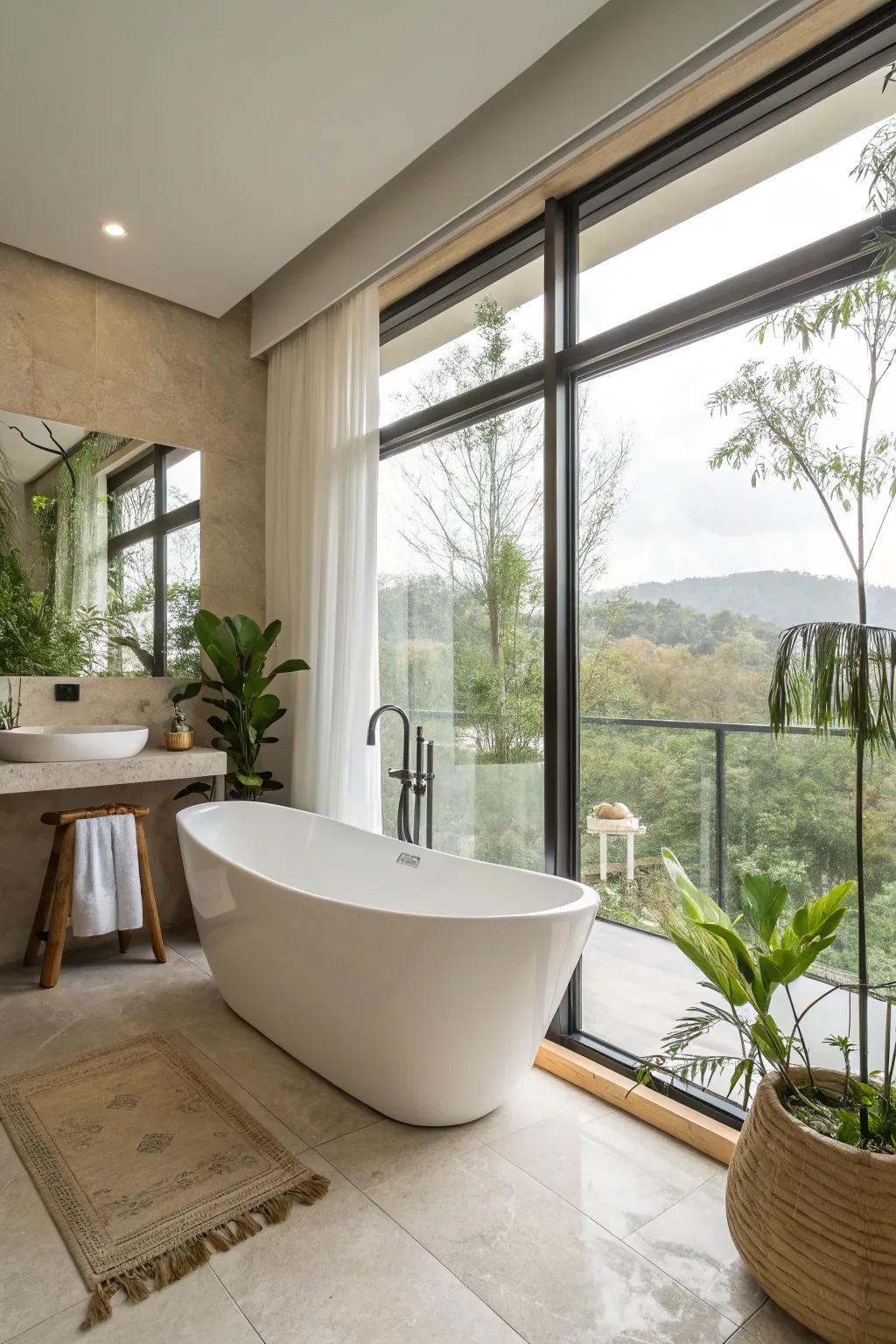 A contemporary bathroom featuring a captivating freestanding bathtub.