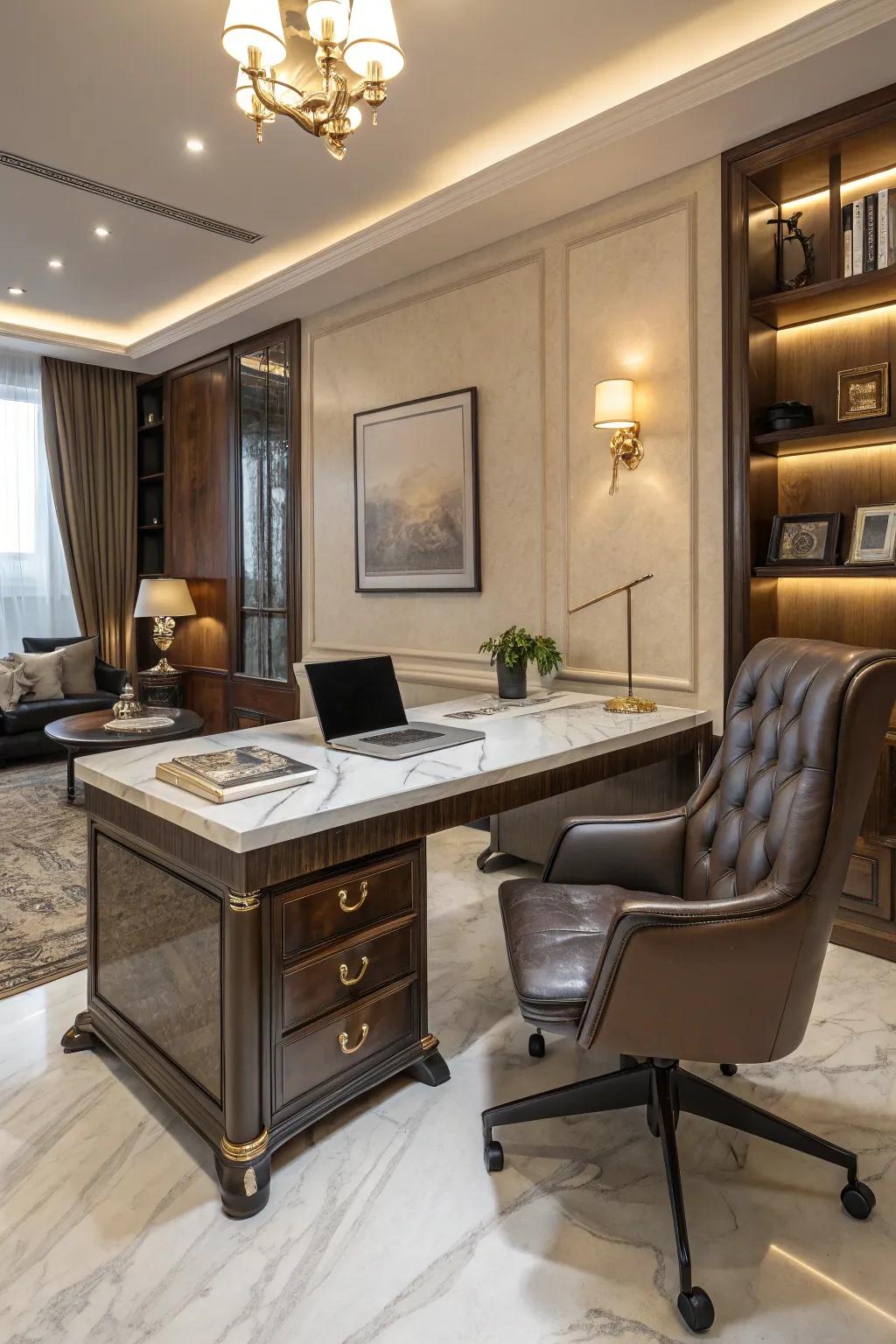 A deluxe home office showcasing polished stone and fine leather features.